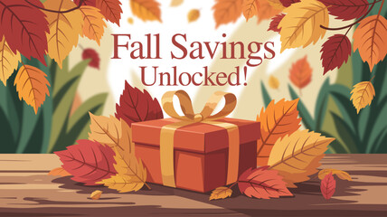 Autumn Sale Marketing Banner, Fall Savings Unlocked, Red and Orange Leaves and Seasonal Theme
