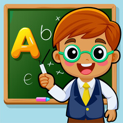 Cheerful teacher writing glowing letters on a chalkboard