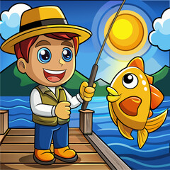 Cheerful fisherman catching a glowing golden fish