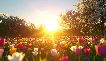 Sunlit Tulip Field with Blossoming Trees: A Springtime Landscape of Vibrant Colors and Golden Light