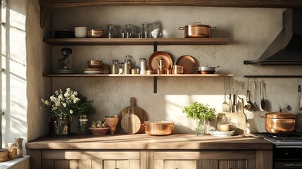 Experience the charm of a rustic farmhouse kitchen featuring wooden beams, open shelving, and copper pots bathed in warm daylight.