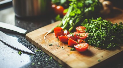 A vibrant close-up of a cutting board featuring fresh vegetables and a sharp knife, showcasing natural textures in a kitchen setting.