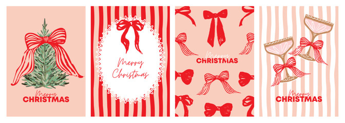 Merry Christmas and Happy New Year greeting card Set. Modern beautiful Xmas design with Christmas tree with red bow, candy cane and bows pattern, typography design. Minimal art banner, poster, cover