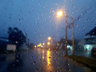 Raindrops on Glass with City Lights in Soft Focus at Night