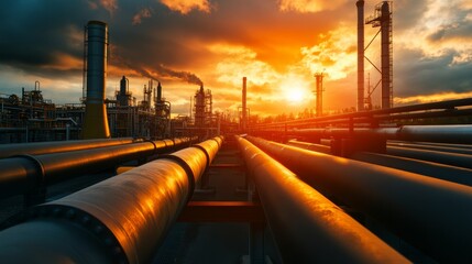 Industrial sunset imagery oil refinery landscape photography urban environment low angle view modern industry and nature coexistence