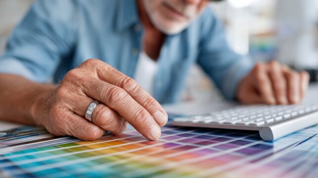 Graphic designer adjusts color palette at workspace while selecting colors for project