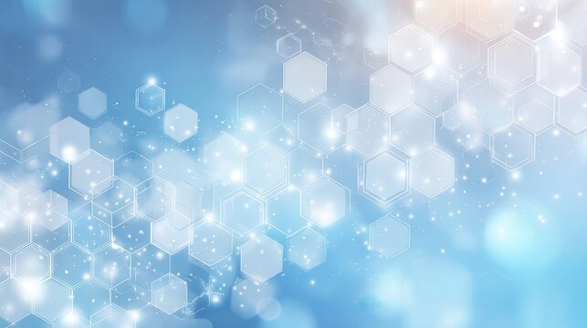 Blue pastel medical and tech background with hexagon pattern and bright sparkles. Realistic vector abstract bg with honeycomb geometric cell texture for medicine and science technology design.