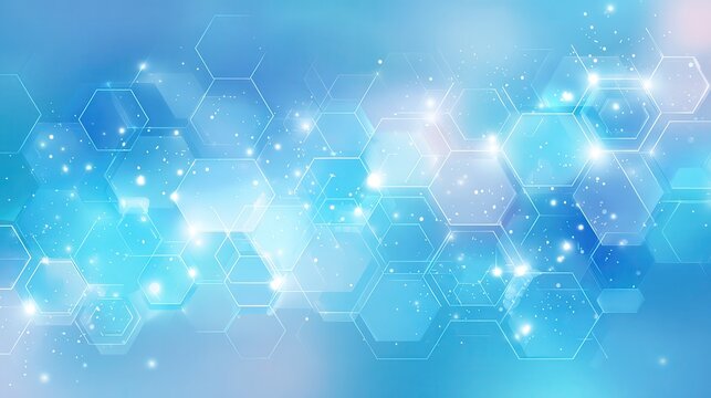 Blue pastel medical and tech background with hexagon pattern and bright sparkles. Realistic vector abstract bg with honeycomb geometric cell texture for medicine and science technology design.