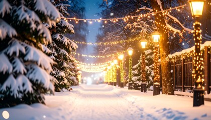 Winter Wonderland Path Lined with Lights and Snow-Covered Trees at Dusk