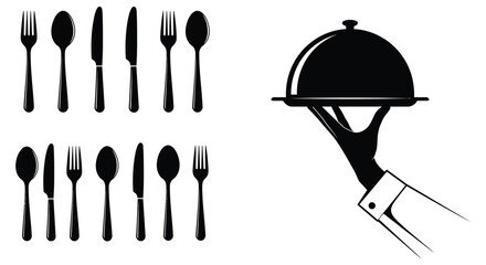 Black silhouettes of cutlery and a covered dish being served
