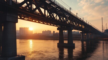 Fototapeta premium Sunset over the urban river a majestic bridge reflecting light cityscape waterway perspective tranquil evening atmosphere