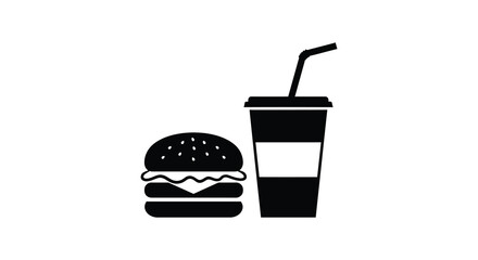 A black and white illustration of a hamburger and a drink silhouette