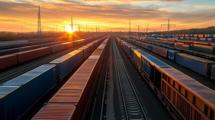 Obraz premium Sunset over container train yard industrial landscape aerial view trains transportation nature's beauty