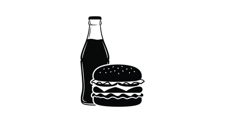 black and white illustration of hamburger and soda bottle on white background silhouette