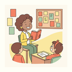 School kids studying with teacher