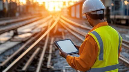 Railway infrastructure monitoring construction worker with tablet urban environment digital management sunset viewpoint efficiency concept