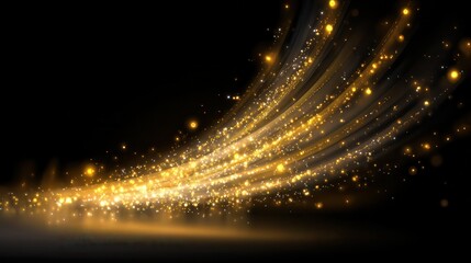 Yellow and white shooting star trails on transparent background. Vector realistic illustration of firework arc tails with shimmering particles, festive sparkling beams, magic power twinkle effect