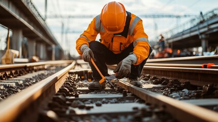 Railway maintenance worker performing essential repairs train tracks action scene urban environment close-up viewpoint safety and precision