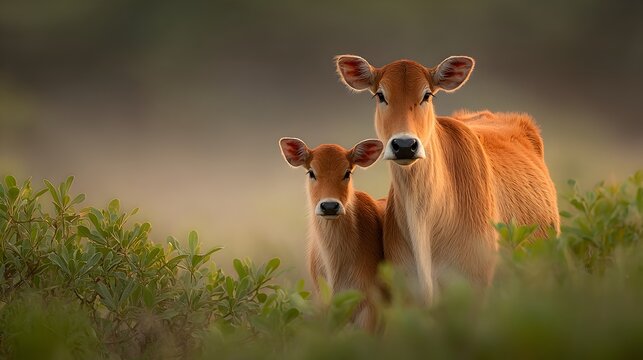 Two young brown cows stand close together in a field of green plants on a warm summer day. - Powered by Adobe