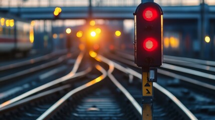 Signal change train tracks at dusk railway station photograph urban setting close-up view transportation safety concept