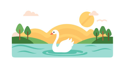 Swan lake landscape illustration vector art design of nature scene with sun trees and water background vector