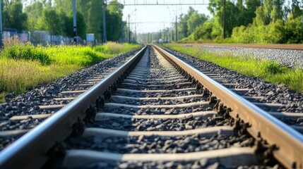 Train tracks stretching through lush greenery outdoor landscape photography serene environment low angle viewpoint peaceful journey concept