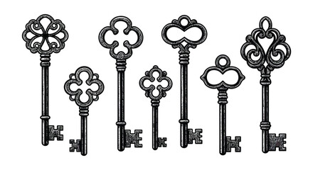 A set of seven antique style keys with ornate designs and shapes silhouette