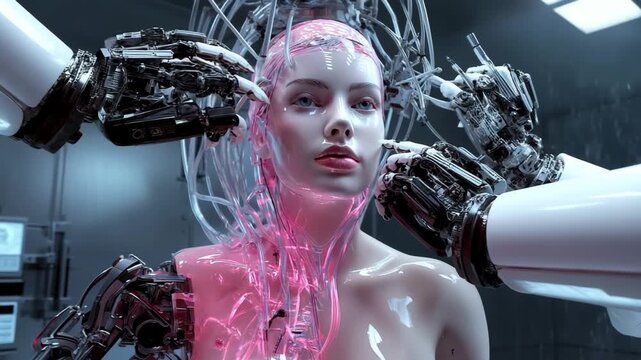 cyborg woman with a clear upper body has robotic arms working on her face in a lab with many wires.