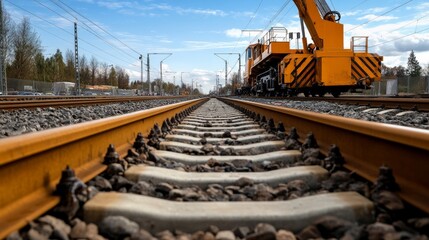 Construction vehicle working on railway tracks industrial site photography urban environment low angle view transportation and infrastructure