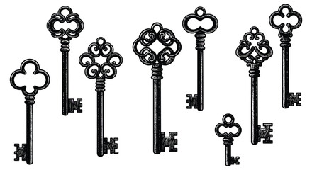 A collection of old fashioned skeleton keys on a white background silhouette