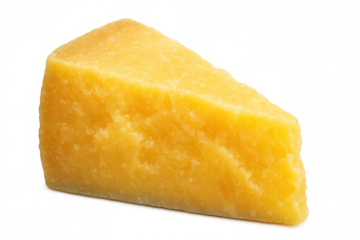 Triangular wedge of aged hard cheese revealing golden hue and intricate textural details, resting on transparent surface