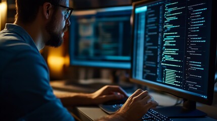 Coding innovation programmer developing software solutions in modern workspace technology environment close-up perspective