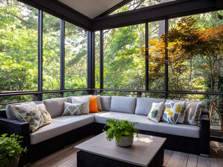 Contemporary Gray Sofa on Wooden Patio Surrounded by Green Foliage