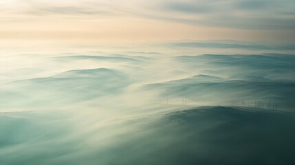 Obraz premium Misty mountain range aerial view, soft light, morning