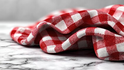 Red and white checkered tablecloth draped on marble surface