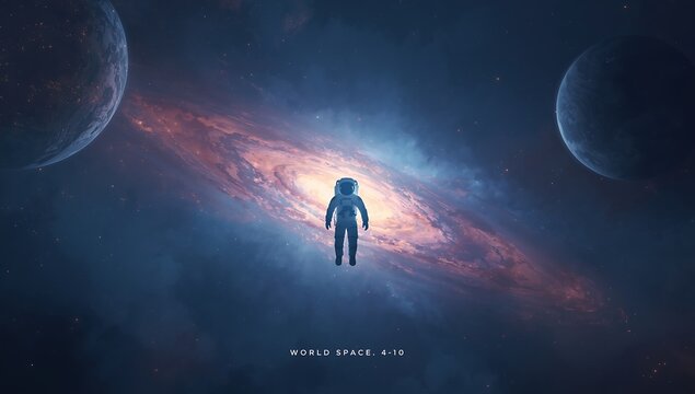 Astronaut floats in cosmic nebula surrounded by planets and stars - Powered by Adobe