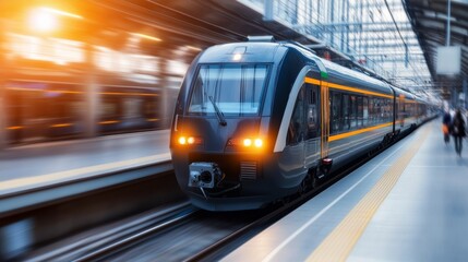 Fast train approaches platform urban train station high-speed transport dynamic environment side view modern travel experience