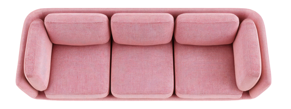 Overhead view of a light pink three-seater sofa with sculpted armrests - Powered by Adobe
