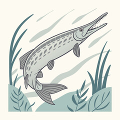 Alligator Gar Fish Cartoon Vector Illustration Isolated on White Background