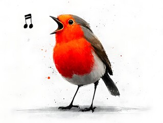 A vibrant watercolor robin sings a joyful tune as black musical notes float beside it on white background.