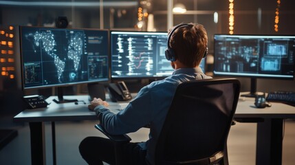 Cybersecurity analyst monitoring data traffic in modern office digital workspace tech environment focused viewpoint data security concept