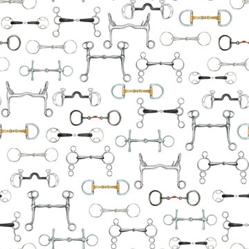 Equestrian seamless pattern with hand drawn horse riding equipment, snaffle bits and curb bits placed horizontally isolated on white background
