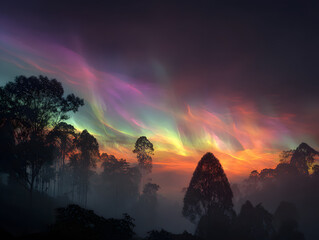Mystical Forest Landscape with Colorful Sky at Dusk