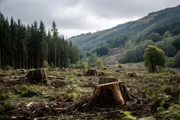 Deforested landscape shows tree stumps in a clearing in the scottish highlands under a cloudy sky, depicting environmental impact and deforestation issues.