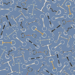 Seamless equestrian pattern with different types of hand drawn horse riding bits scattered around on pale blue background