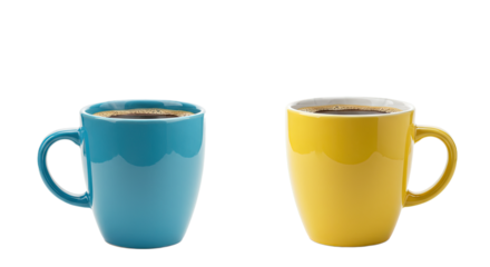 Two coffee mugs one blue and one yellow.