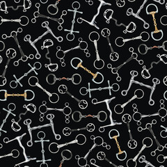 Seamless equestrian pattern with different types of hand drawn horse riding bits scattered around on black background