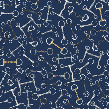 Seamless equestrian pattern with different types of hand drawn horse riding bits scattered around on blue background