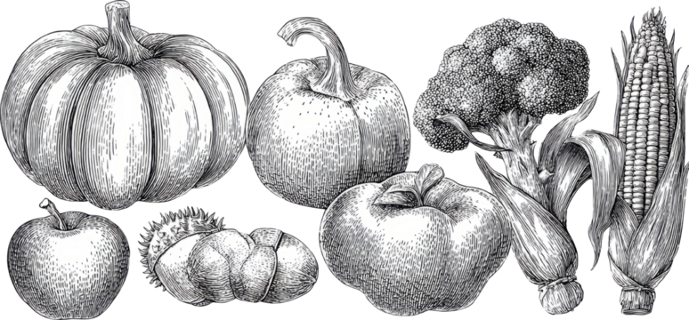 Engraved Harvest: Apple, Corn, Broccoli & Squash