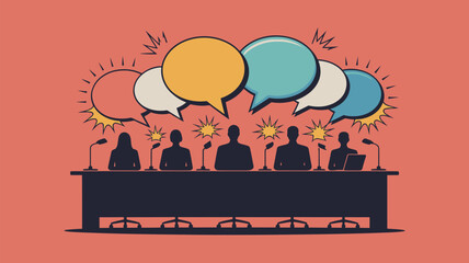 Naklejka premium Illustration of a panel discussion with speech bubbles and microphones on a salmon colored background